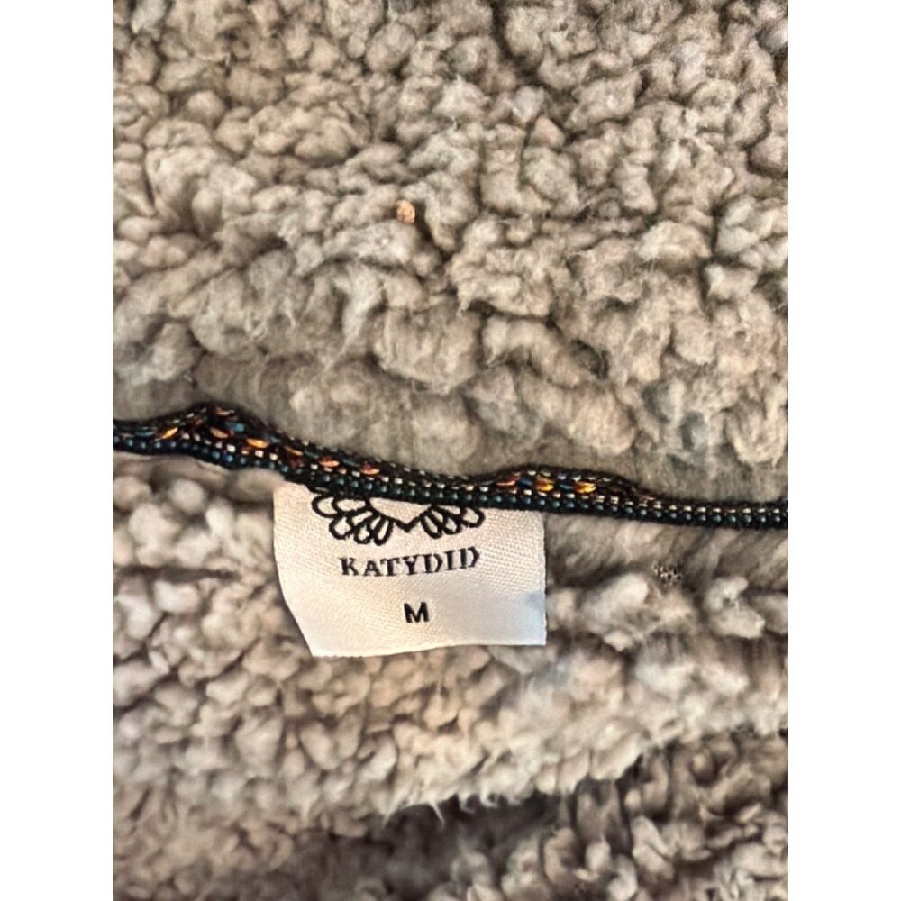 Katydid Gray Fleece Sherpa Quarter Zip Pullover Leather Zipper Pull Pockets Sz M - Picture 4 of 4